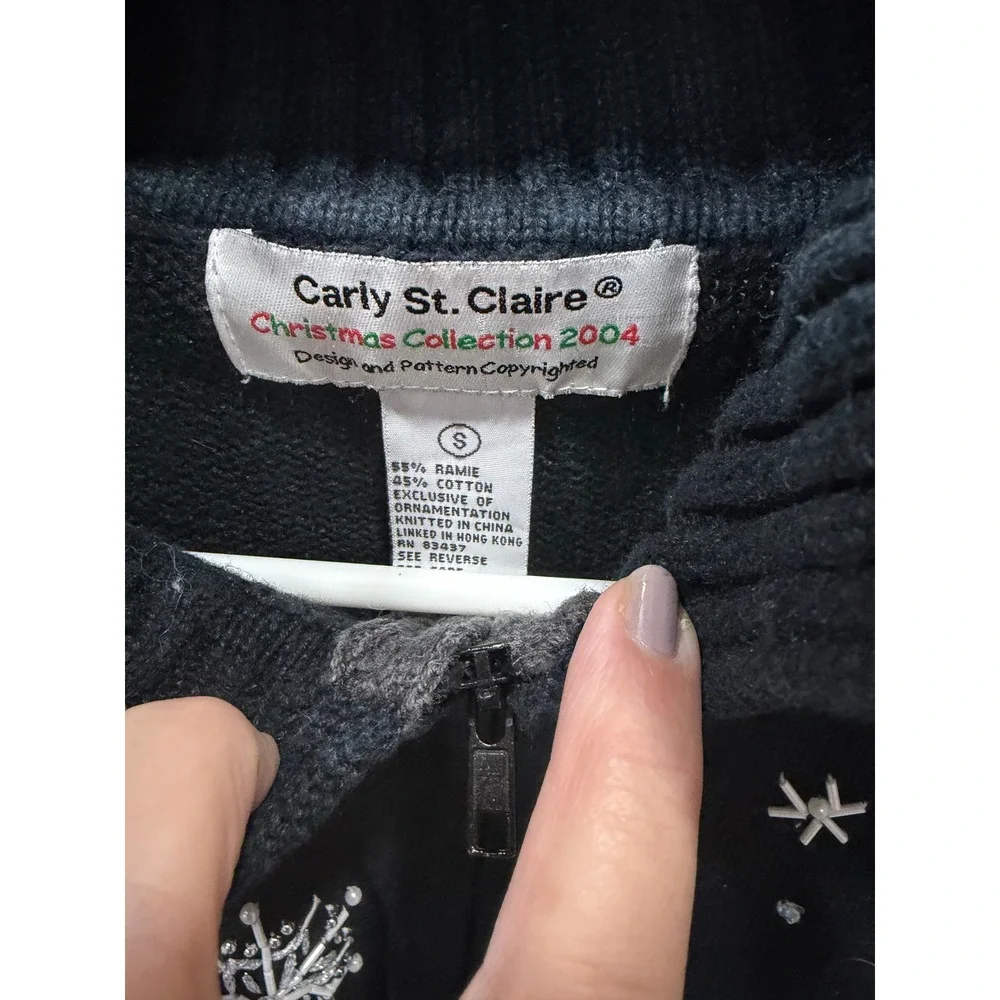 Carly‎ St. Claire Christmas 2004 Beaded Snowflake Winter Scene Zip Sweater Small